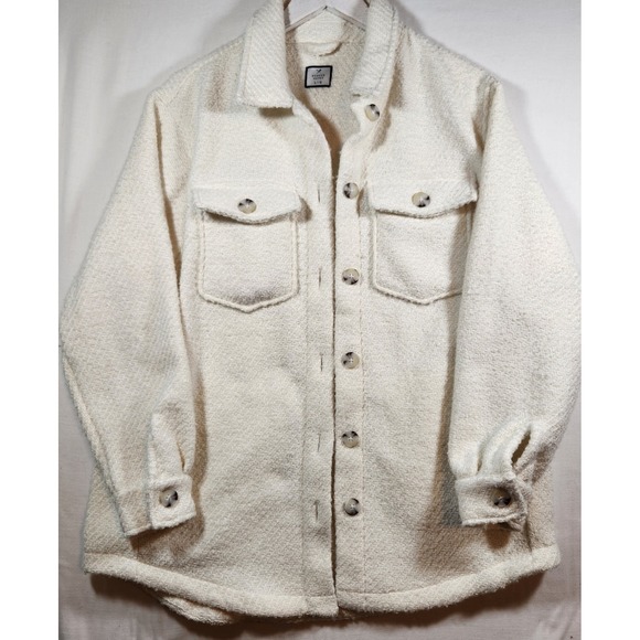 Denver Hayes Jackets & Blazers - Denver Hayes Cream Herringbone Textured Shacket Button Up Shirt Jacket L